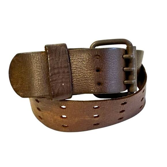 Vintage Brown Leather Belt Distressed Well Worn Triple Prong Grunge Mens 32 34 - Picture 1 of 9